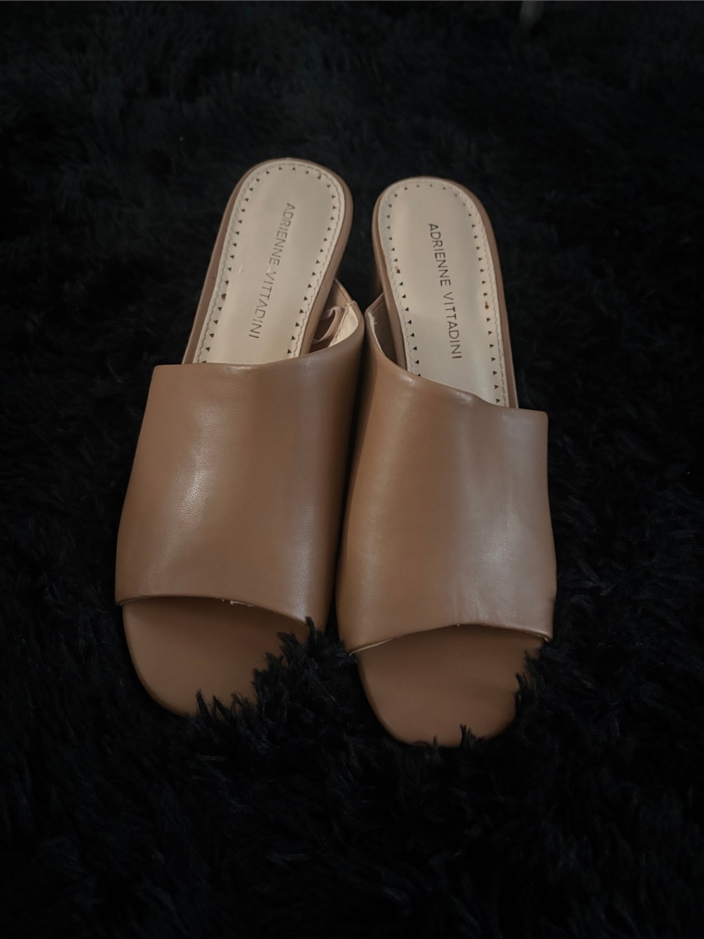 Adrienne Vittadini Camel/Tan Open-Toe Slide Mules